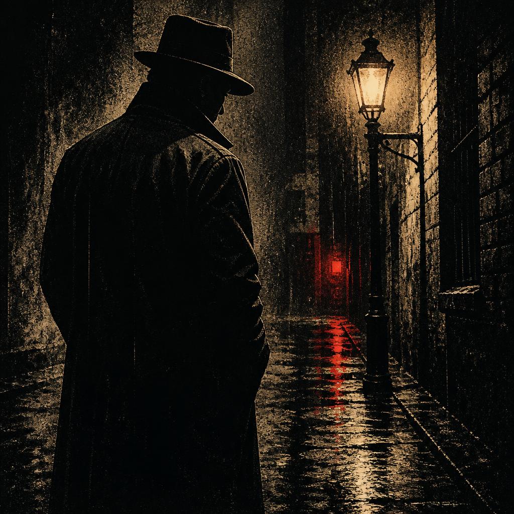 A silhouetted detective in a fedora and trench coat stands in a rainy noir alley, lit by a single amber streetlamp